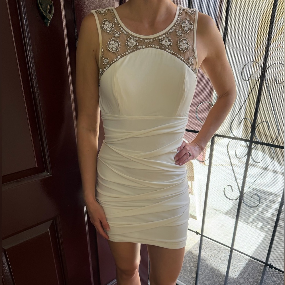 White Embellished Sheer Ruched Bodycon Dress
